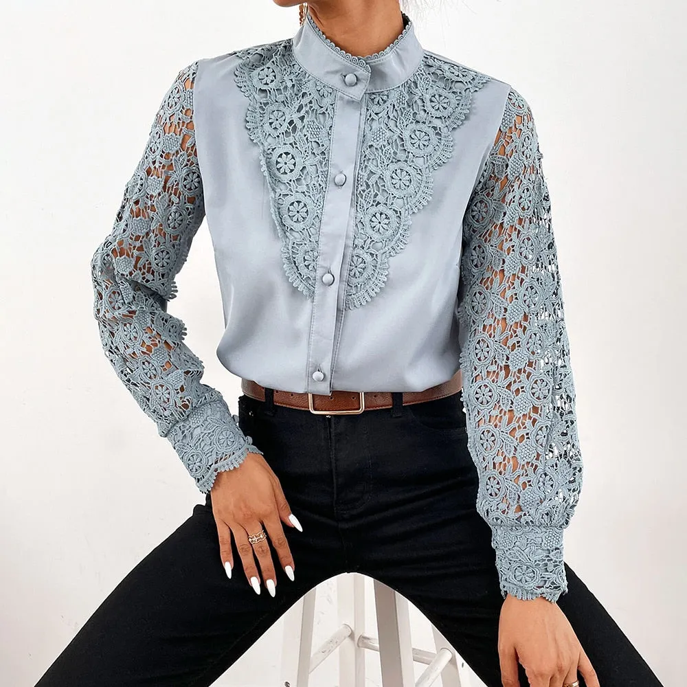 Women Sexy White Lace Patchwork Blouse