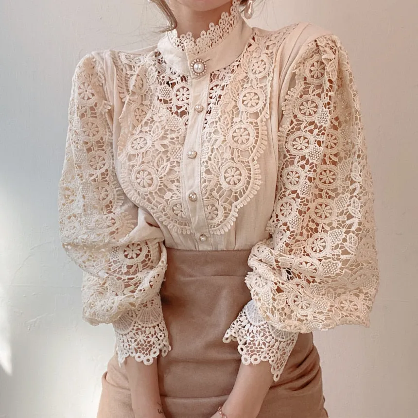 Women Sexy White Lace Patchwork Blouse