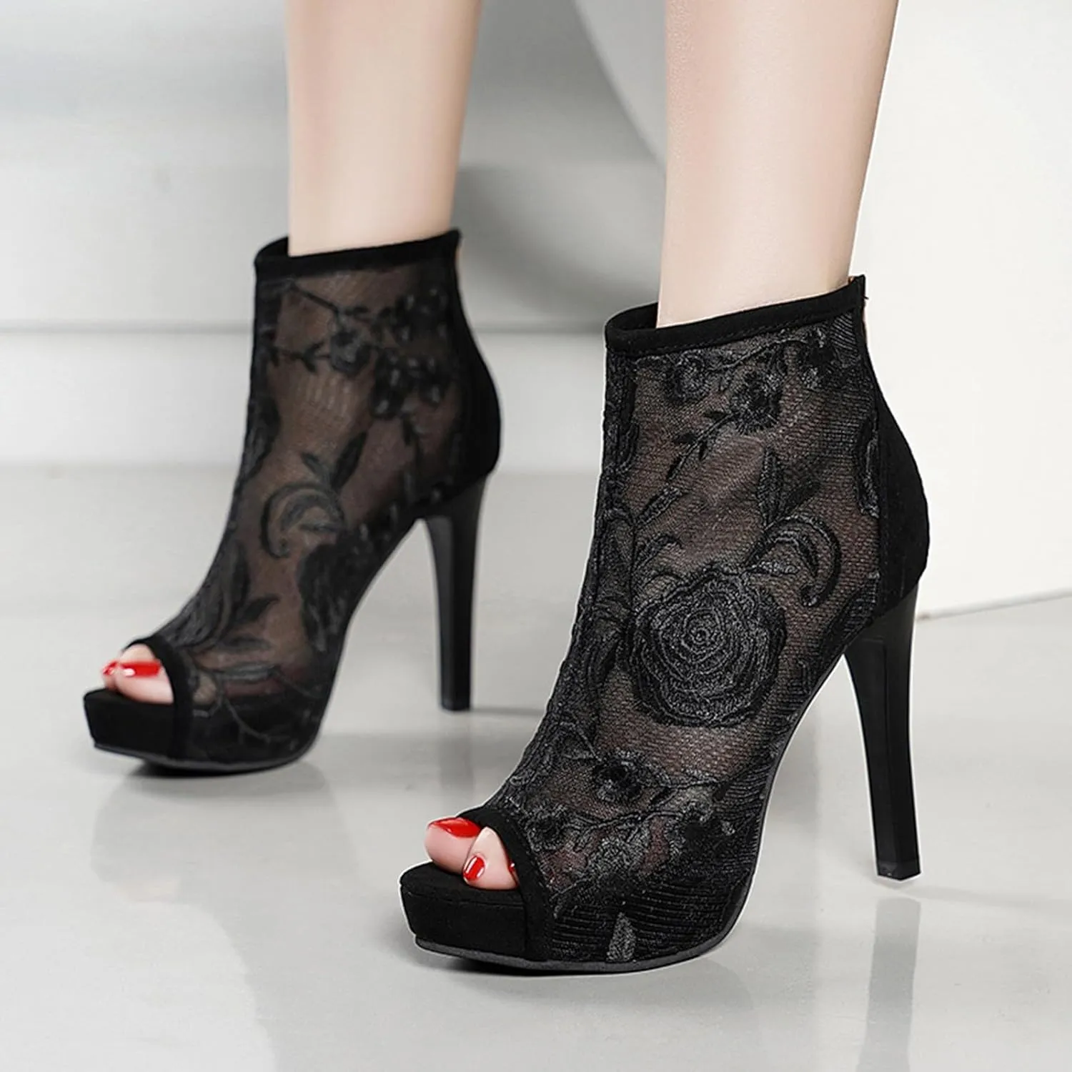 Women Shoes Mesh Breathable Open Toe Fish Mouth High Heel Sandals Fashion Leather Thigh High Boots for Women Sandals