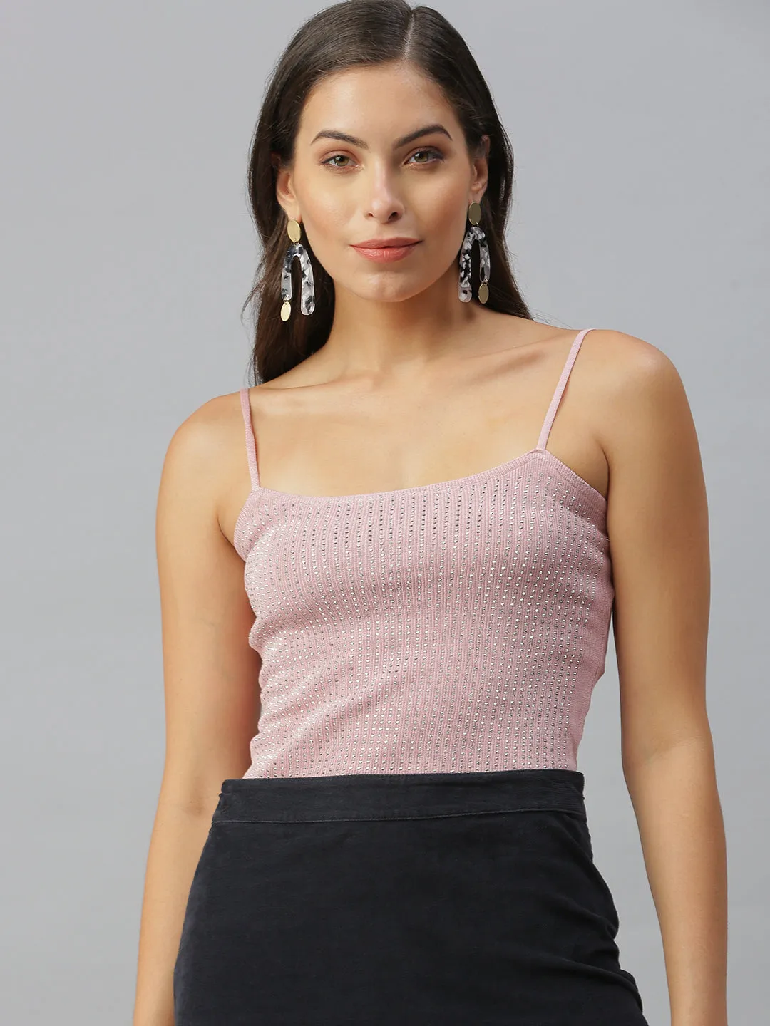 Women Shoulder Straps Solid Mauve Fitted Top
