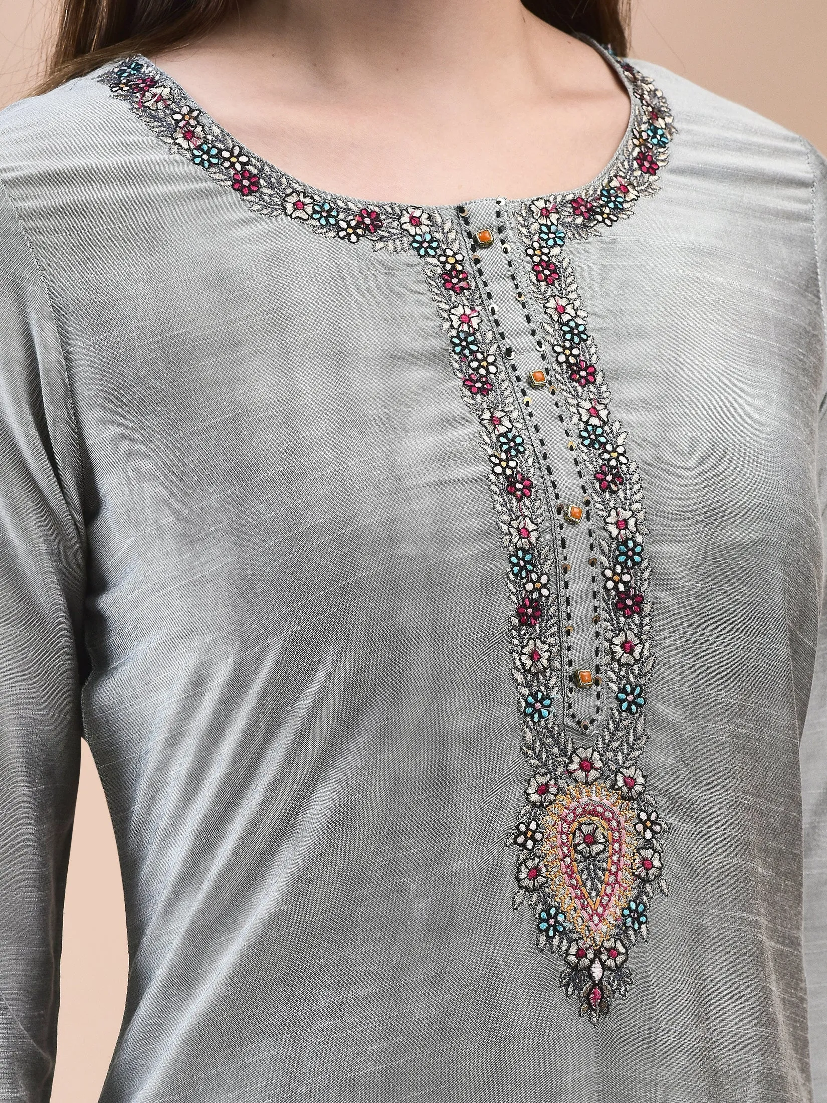 Women Silk Blend Grey Embroidered Kurta Comfort Pant Jacquard Dupatta