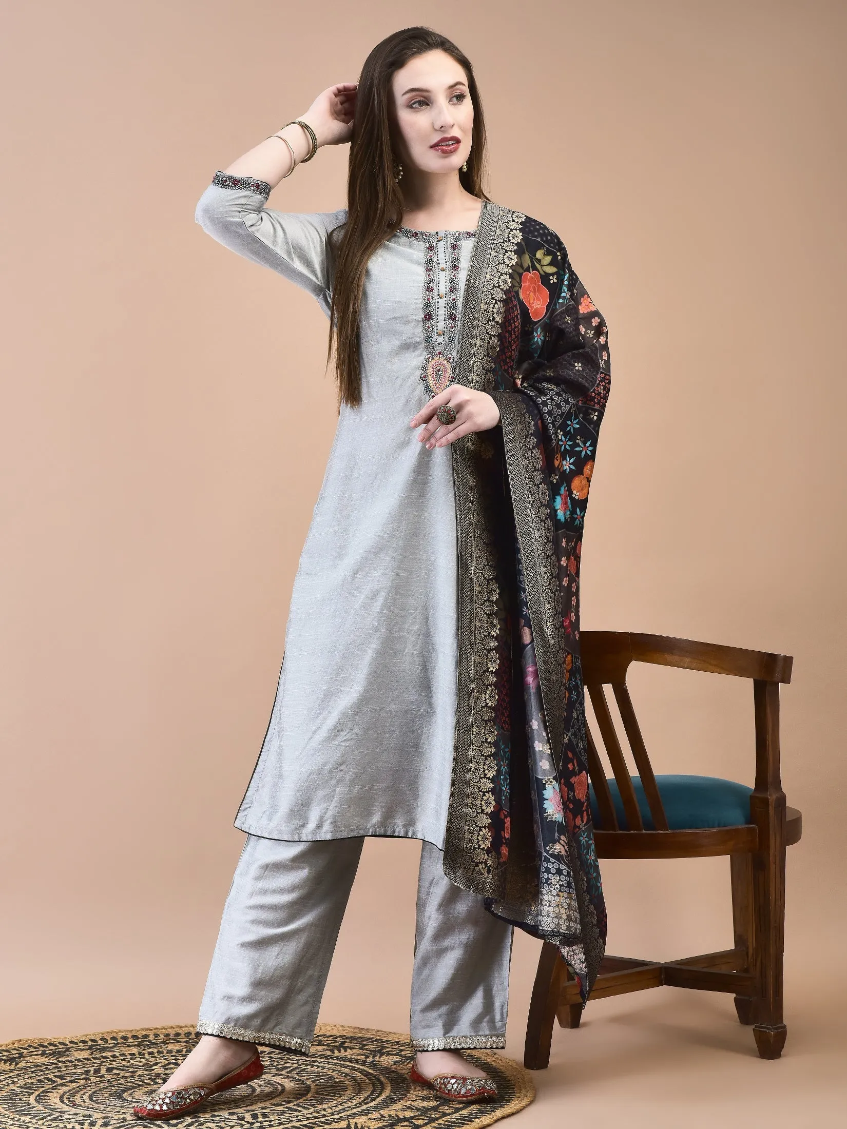 Women Silk Blend Grey Embroidered Kurta Comfort Pant Jacquard Dupatta