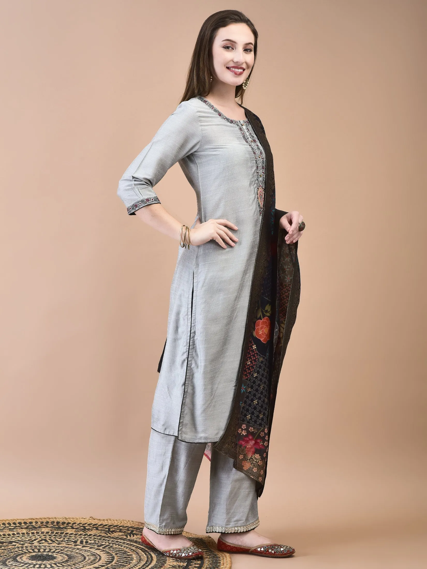 Women Silk Blend Grey Embroidered Kurta Comfort Pant Jacquard Dupatta