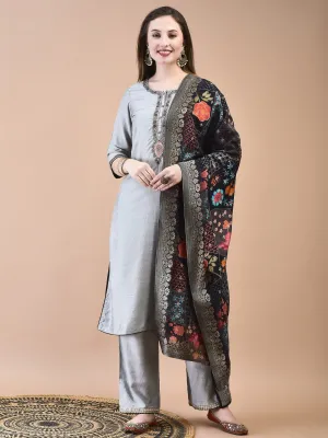 Women Silk Blend Grey Embroidered Kurta Comfort Pant Jacquard Dupatta