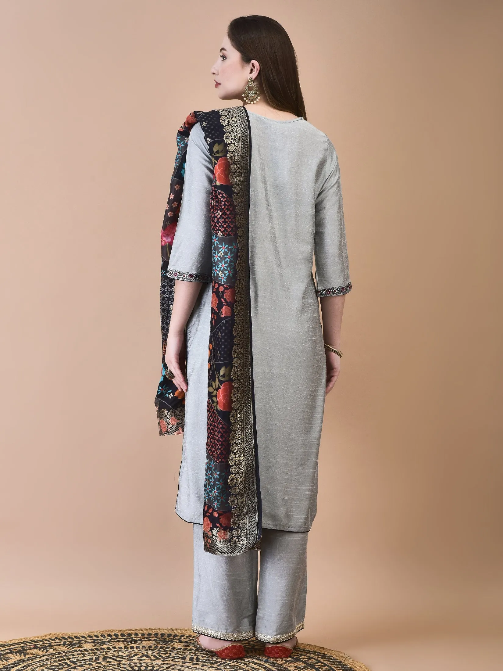 Women Silk Blend Grey Embroidered Kurta Comfort Pant Jacquard Dupatta