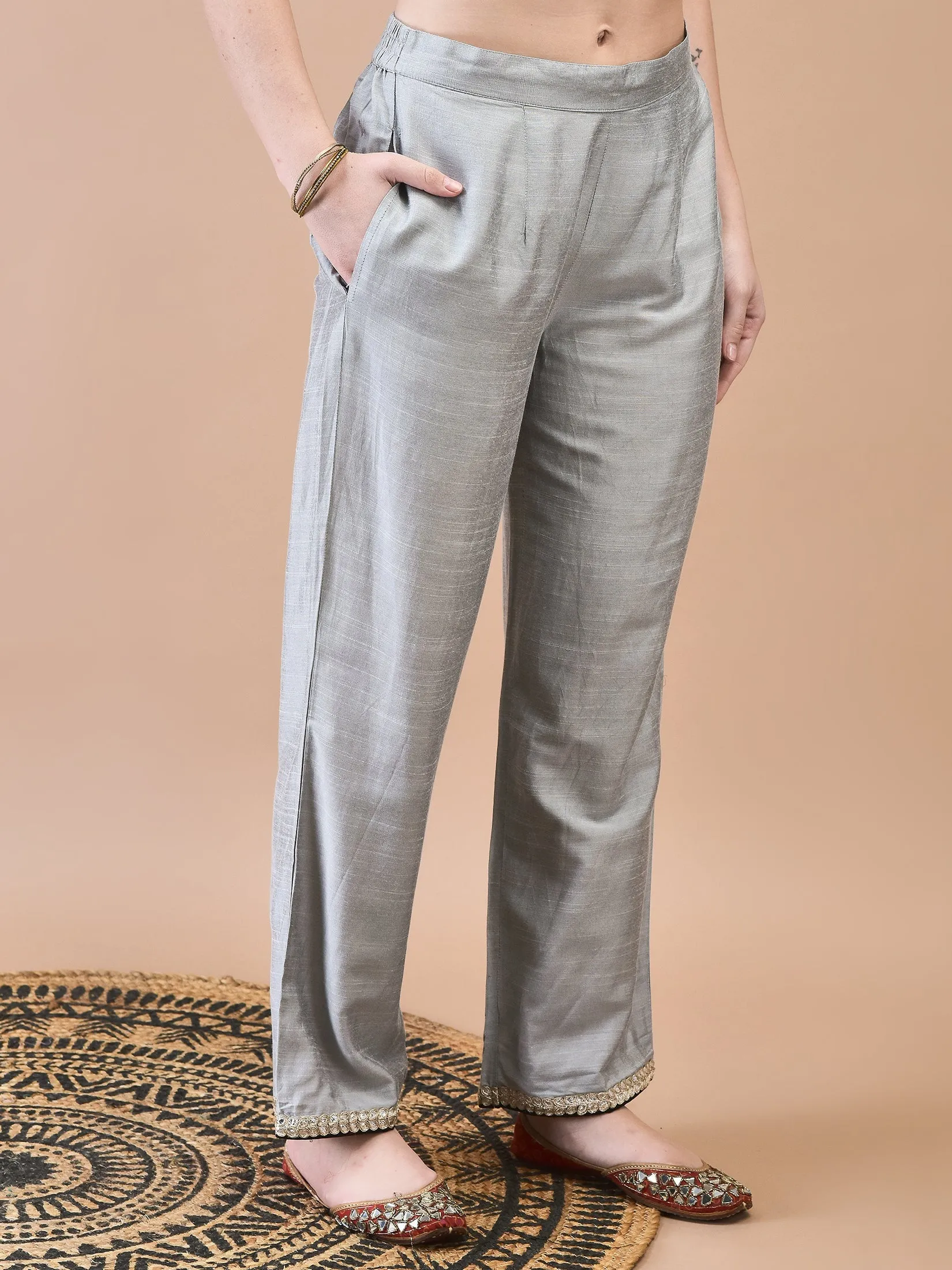 Women Silk Blend Grey Embroidered Kurta Comfort Pant Jacquard Dupatta