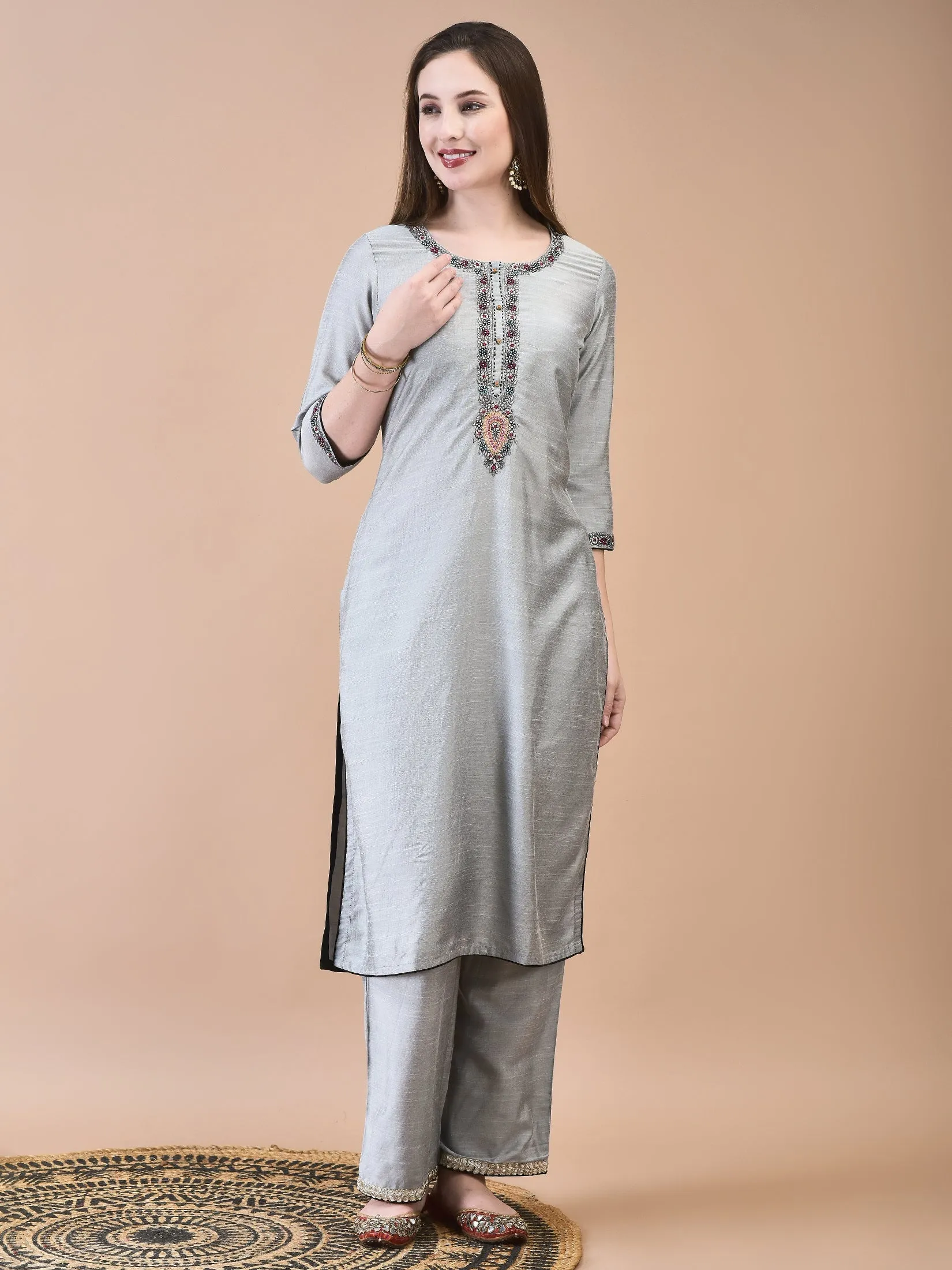 Women Silk Blend Grey Embroidered Kurta Comfort Pant Jacquard Dupatta