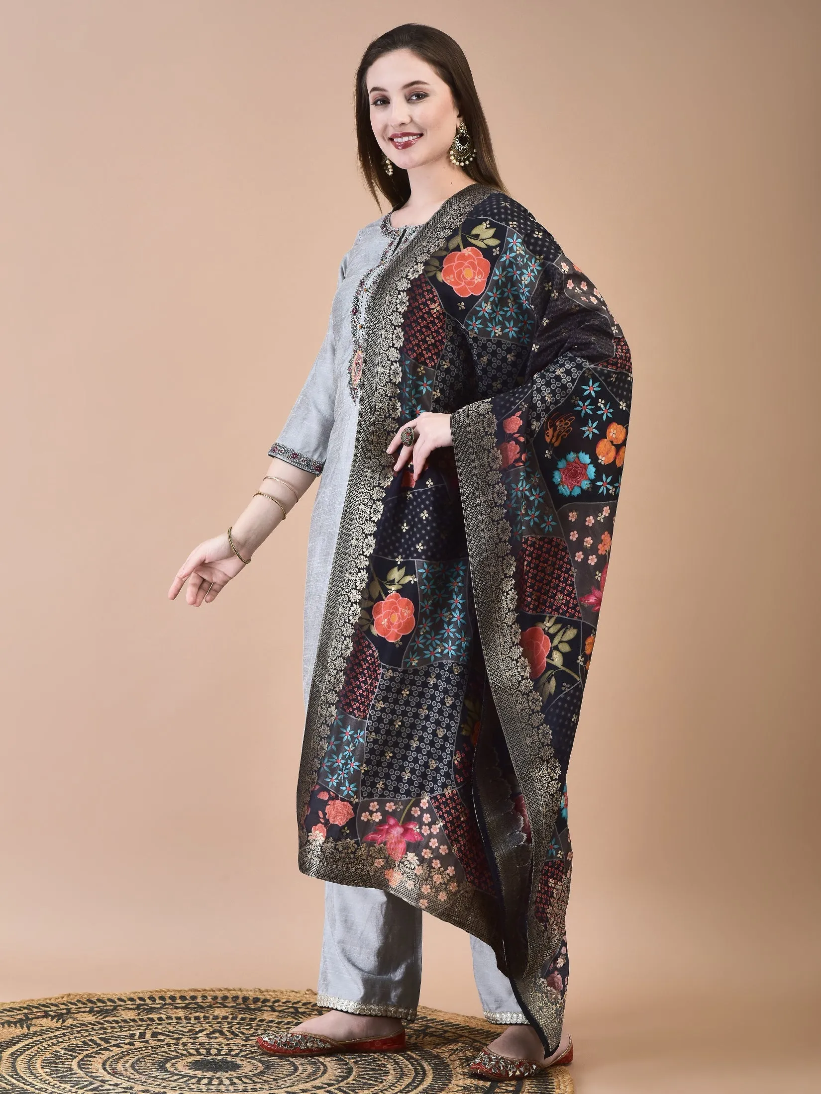Women Silk Blend Grey Embroidered Kurta Comfort Pant Jacquard Dupatta
