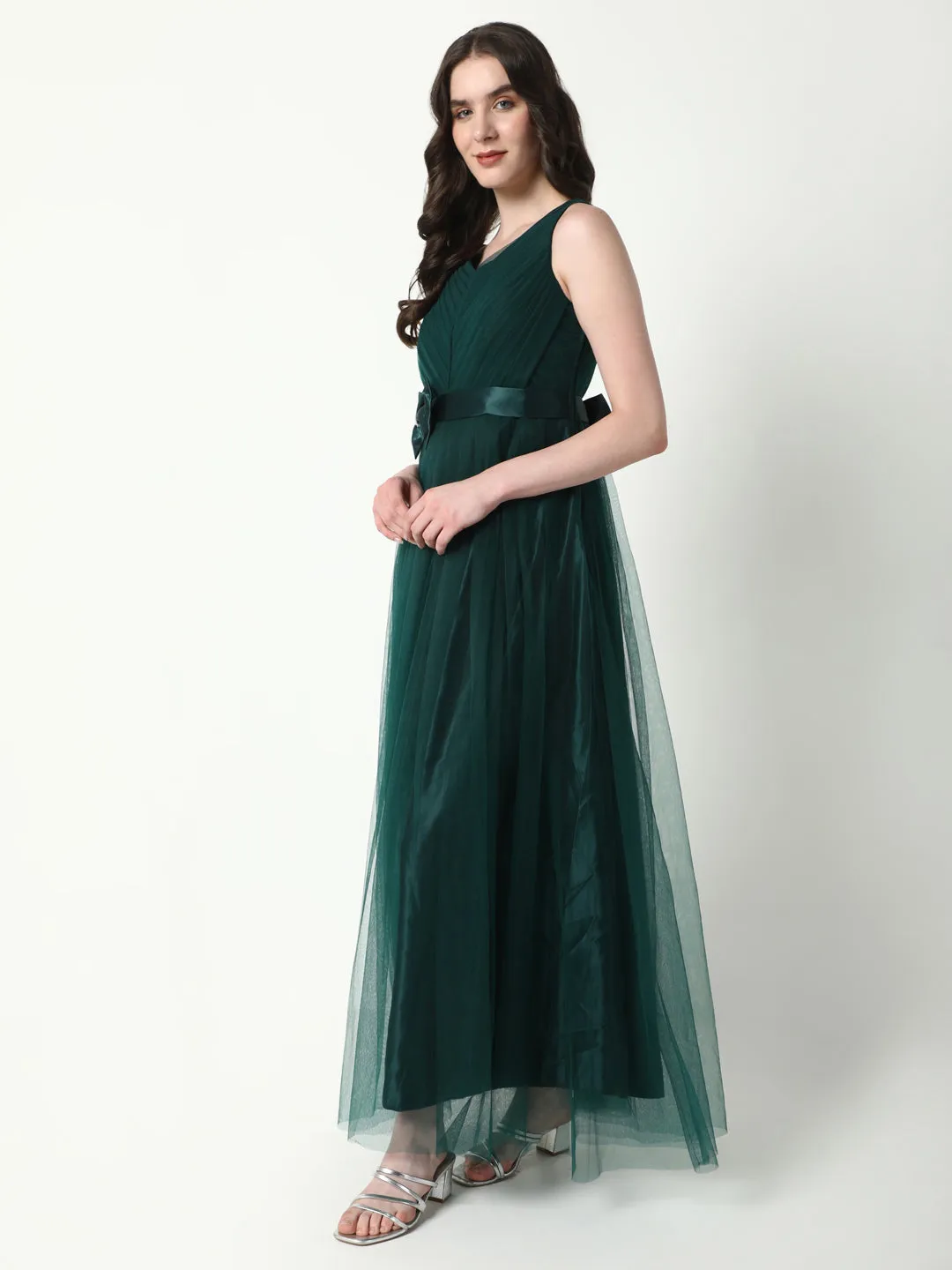 Women Solid Green Gown Dress