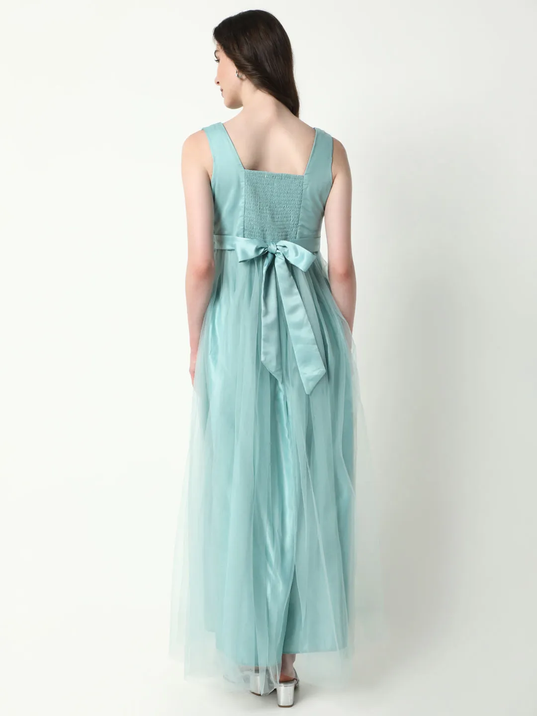 Women Solid Sea Green Gown Dress