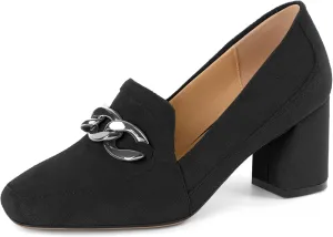 Women Square Toe Pumps Loafers with Metal Buckle Low Heel Shoes Chunky Block Heel Pumps Daily Casual Heels Black Suede Leather US Size 7.5