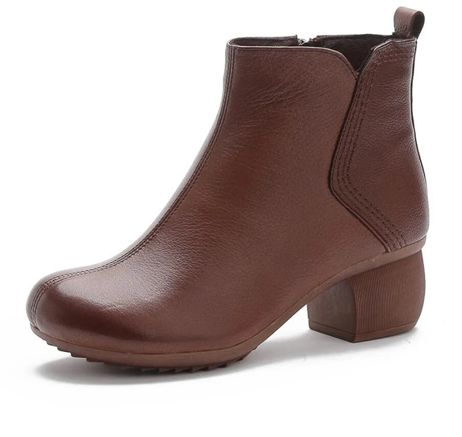 Women Vintage Style Genuine Leather Flat Soft Cowhide Booties