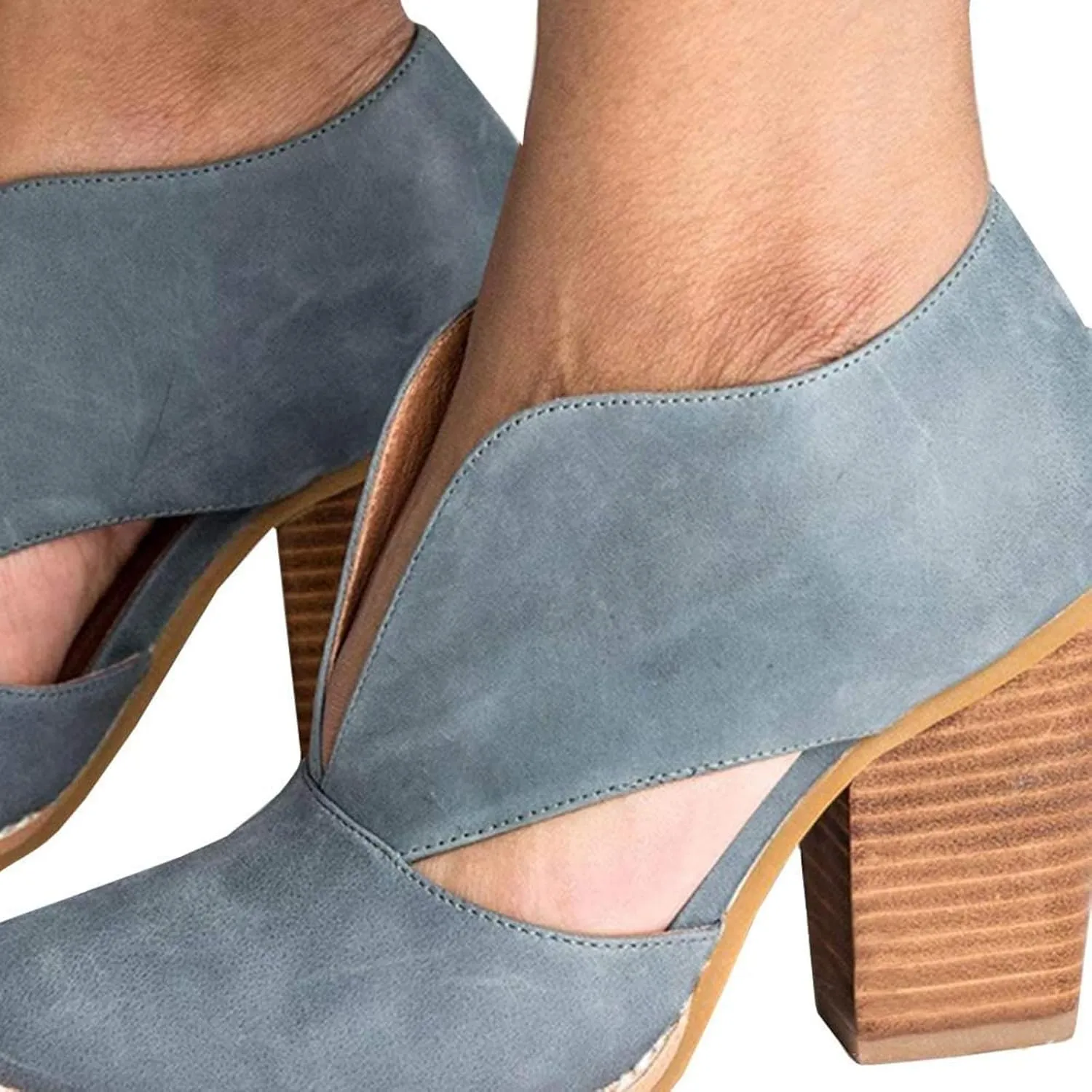 Womens Ankle Boots Chunky Stacked Heel Cut Out Pointed Toe Faux Leather Booties Slide Sandals Women Heel Sandals