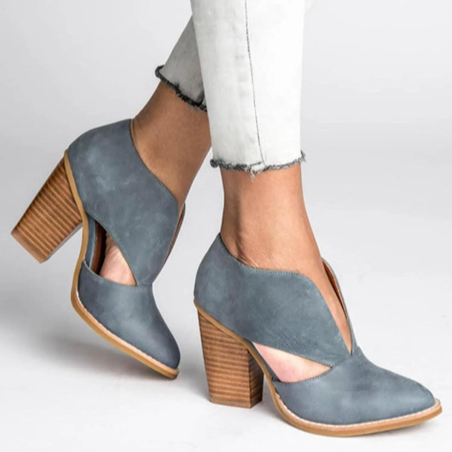 Womens Ankle Boots Chunky Stacked Heel Cut Out Pointed Toe Faux Leather Booties Slide Sandals Women Heel Sandals