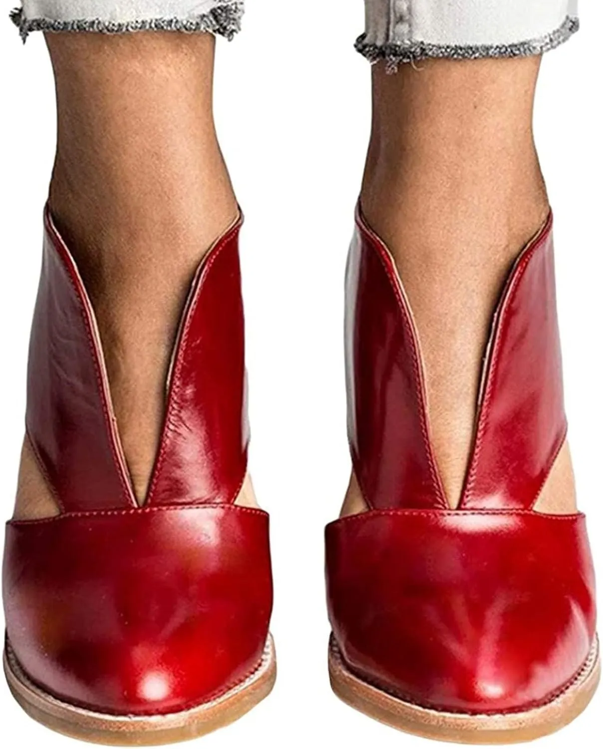 Womens Ankle Boots Chunky Stacked Heel Cut Out Pointed Toe Faux Leather Booties Slide Sandals Women Heel Sandals