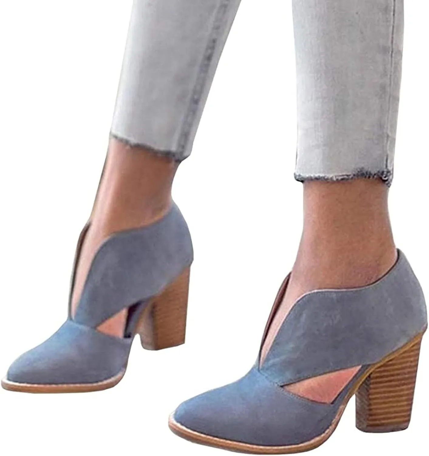 Womens Ankle Boots Chunky Stacked Heel Cut Out Pointed Toe Faux Leather Booties Slide Sandals Women Heel Sandals
