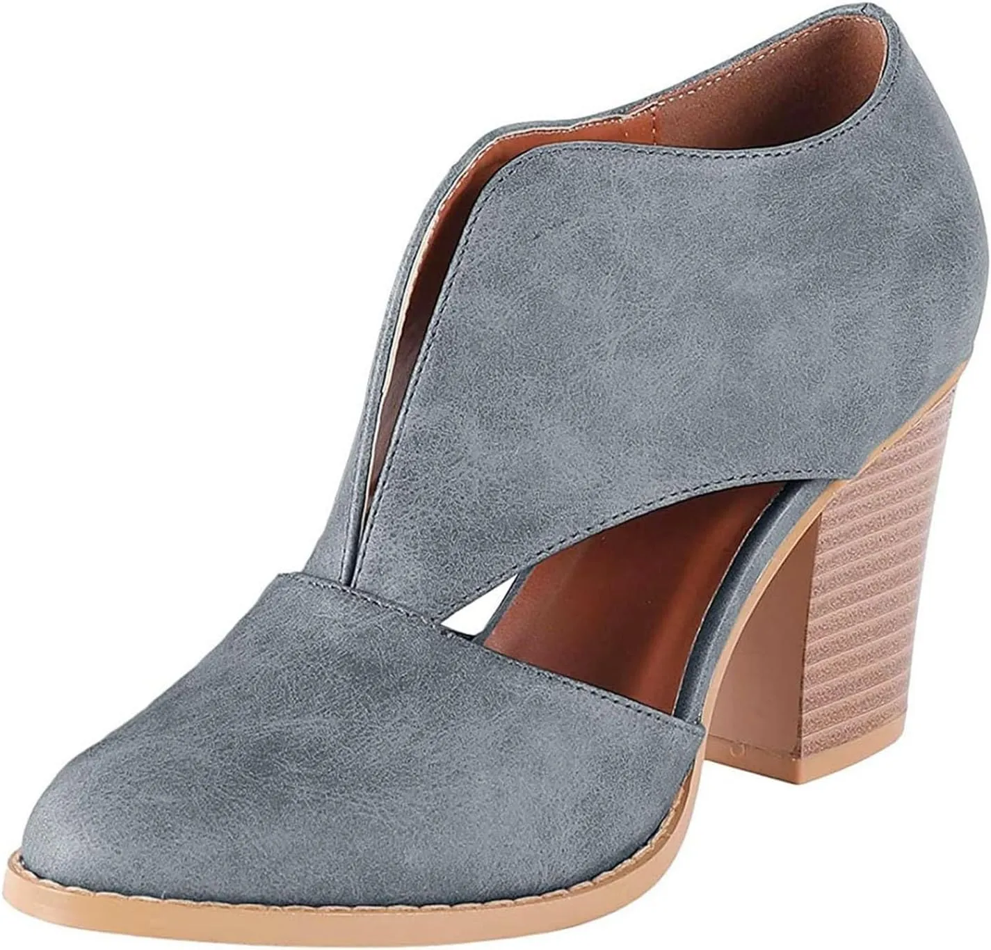 Womens Ankle Boots Chunky Stacked Heel Cut Out Pointed Toe Faux Leather Booties Slide Sandals Women Heel Sandals
