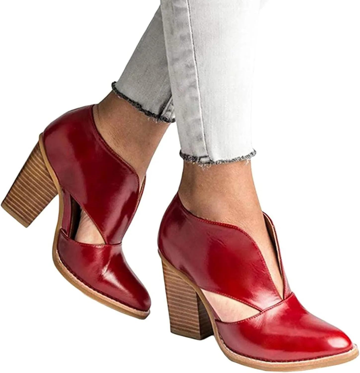 Womens Ankle Boots Chunky Stacked Heel Cut Out Pointed Toe Faux Leather Booties Slide Sandals Women Heel Sandals