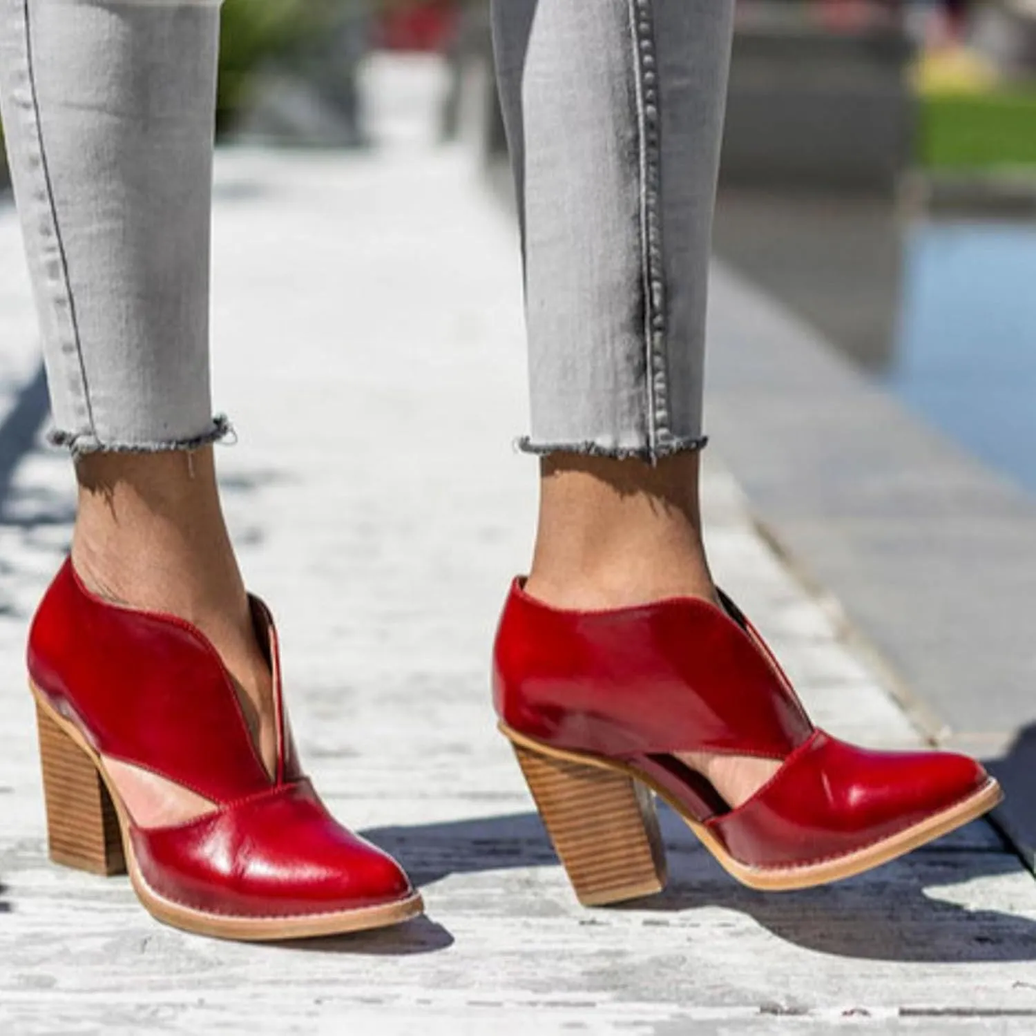 Womens Ankle Boots Chunky Stacked Heel Cut Out Pointed Toe Faux Leather Booties Slide Sandals Women Heel Sandals
