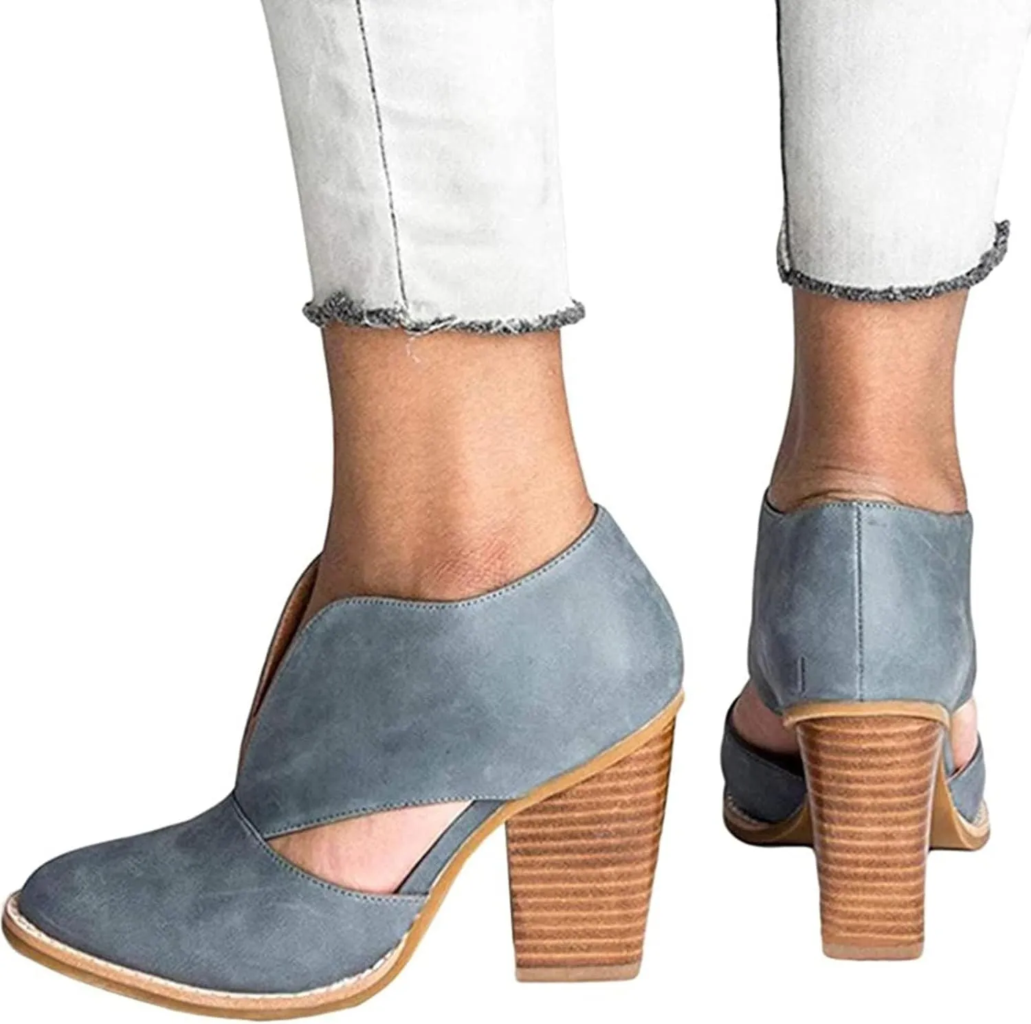 Womens Ankle Boots Chunky Stacked Heel Cut Out Pointed Toe Faux Leather Booties Slide Sandals Women Heel Sandals