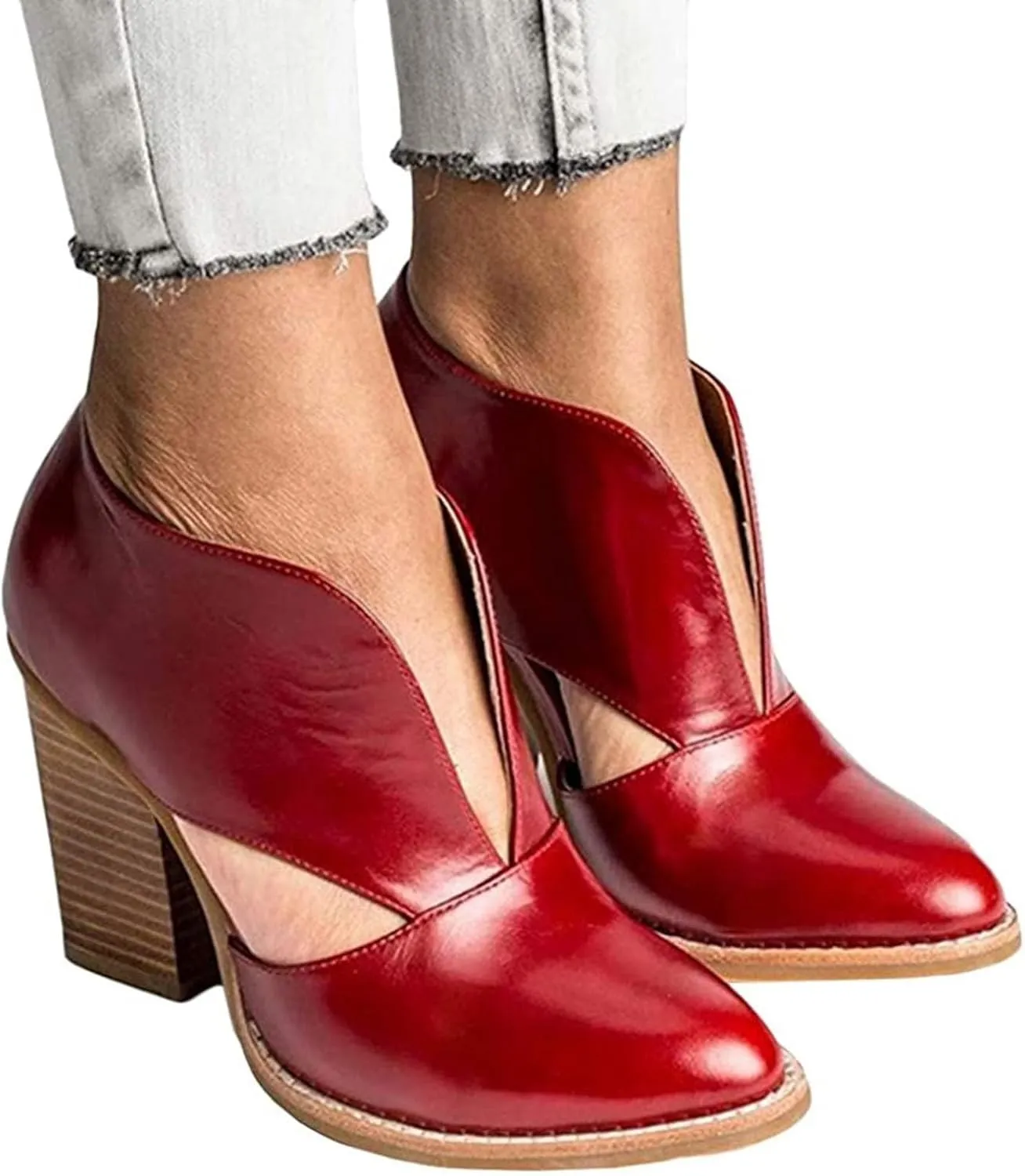 Womens Ankle Boots Chunky Stacked Heel Cut Out Pointed Toe Faux Leather Booties Slide Sandals Women Heel Sandals