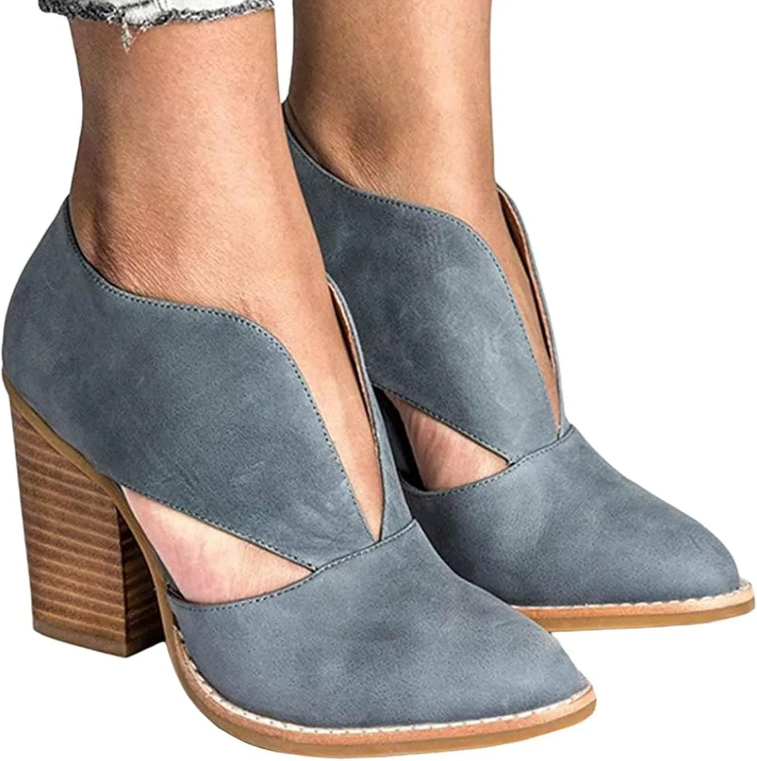 Womens Ankle Boots Chunky Stacked Heel Cut Out Pointed Toe Faux Leather Booties Slide Sandals Women Heel Sandals