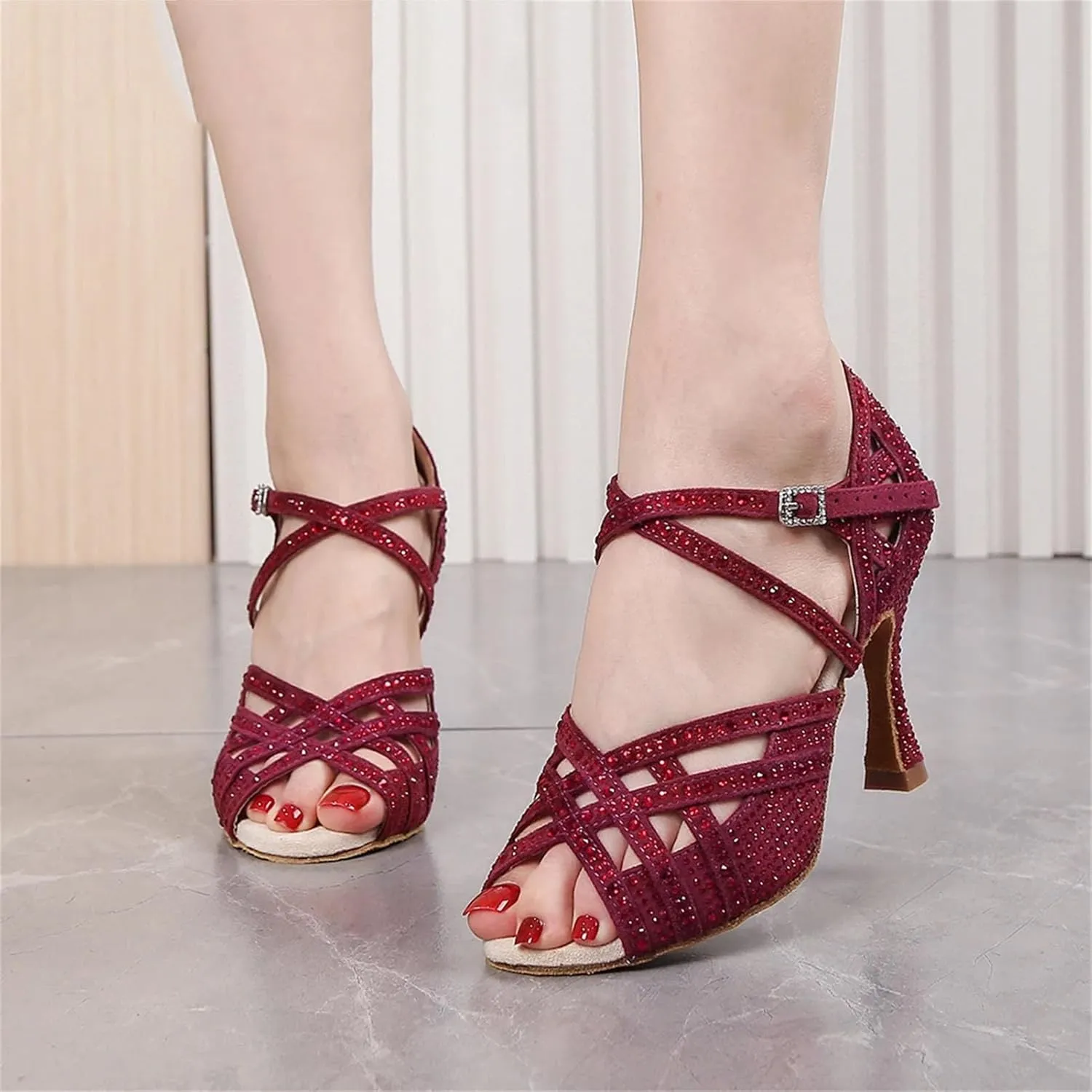 Women's Bachata Dance Sandals - Rhinestone Salsa Tango Party Heels (8.5CM/3.35")