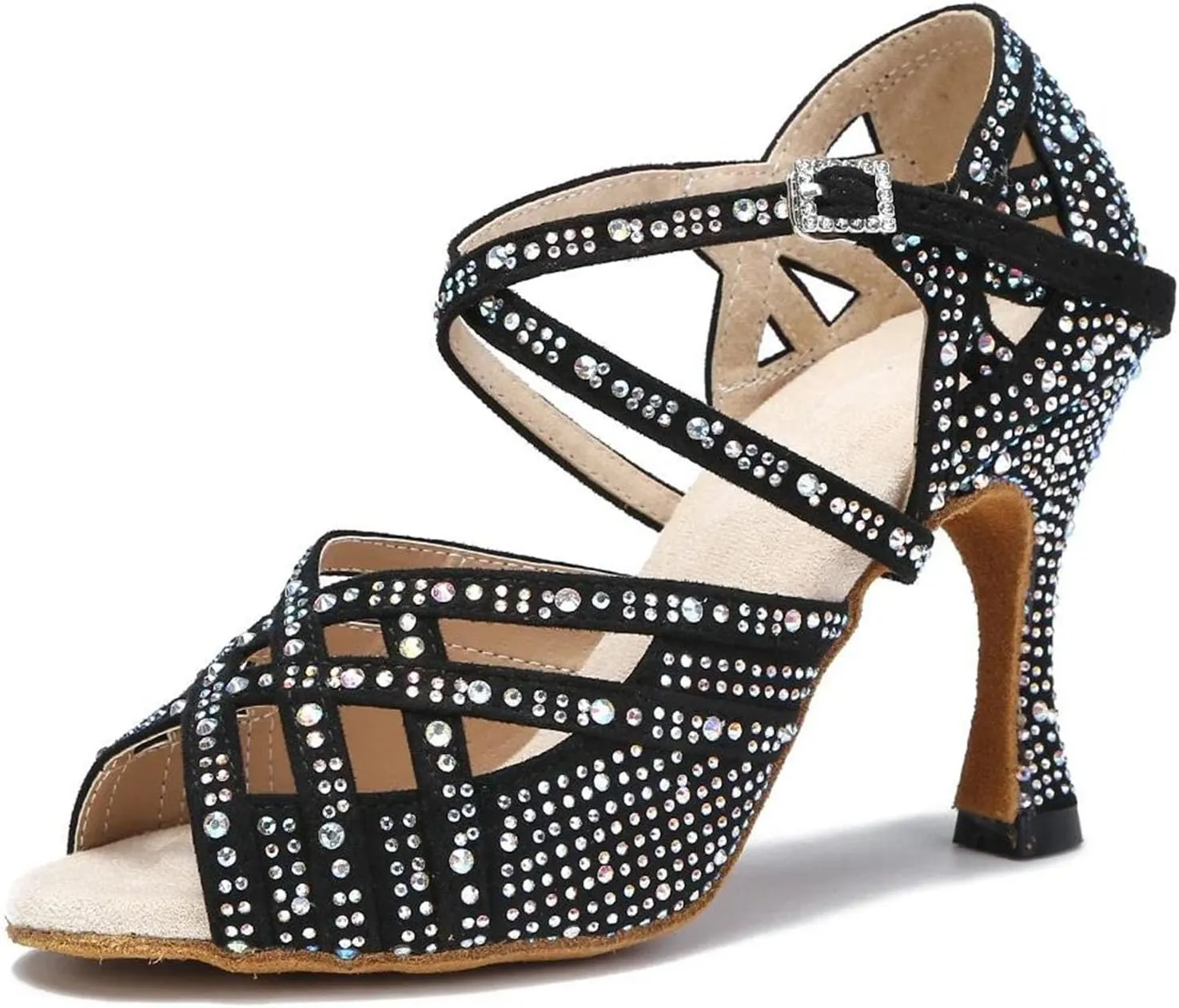 Women's Bachata Dance Sandals - Rhinestone Salsa Tango Party Heels (8.5CM/3.35")