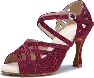 Women's Bachata Dance Sandals - Rhinestone Salsa Tango Party Heels (8.5CM/3.35")