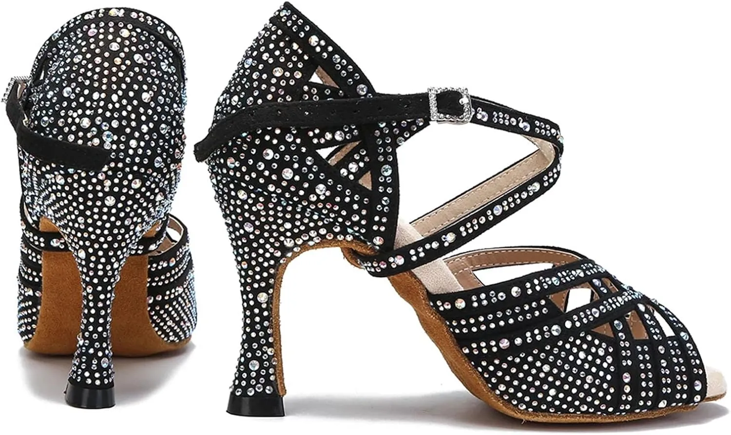 Women's Bachata Dance Sandals - Rhinestone Salsa Tango Party Heels (8.5CM/3.35")