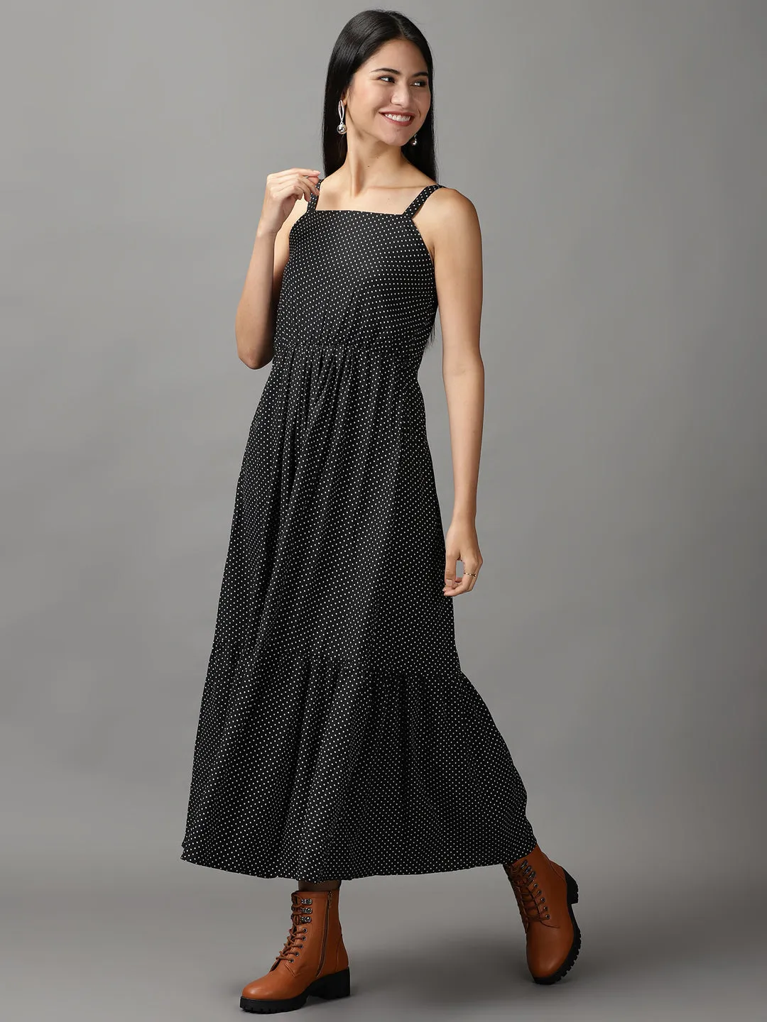 Women's Black Polka Dots Fit and Flare Dress