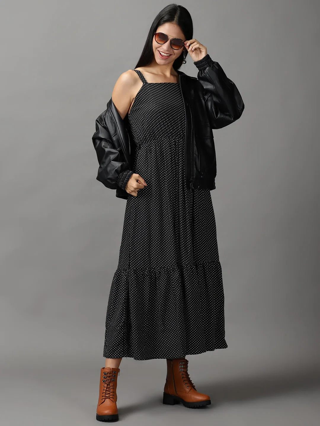 Women's Black Polka Dots Fit and Flare Dress