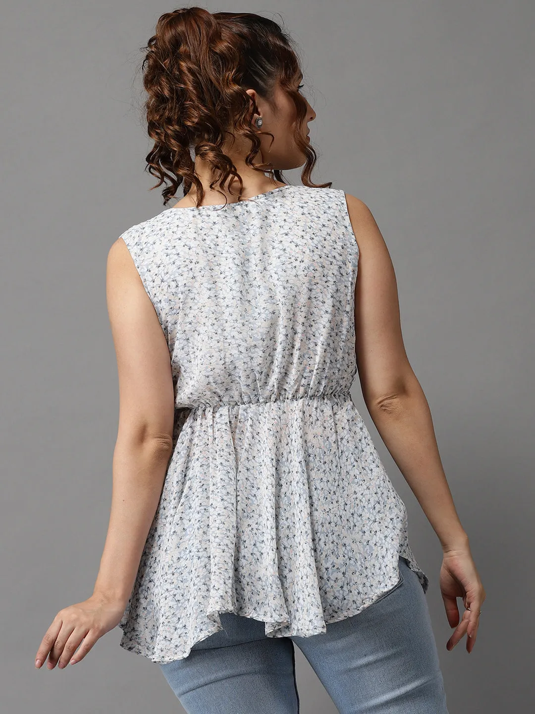 Women's Blue Printed Peplum Top