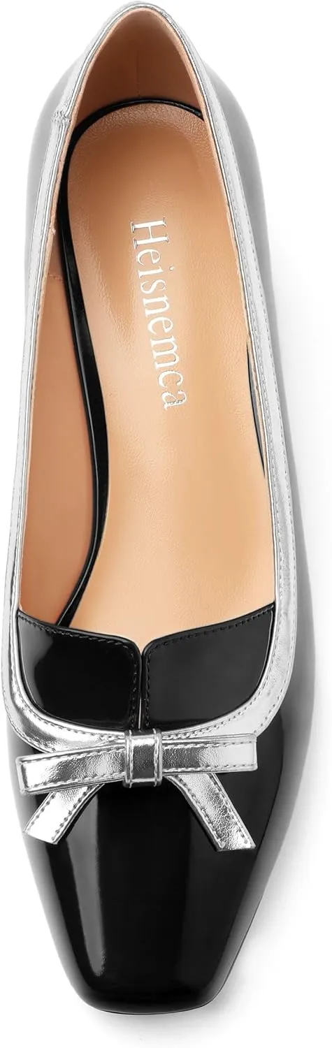 Women's Bow Low Chunky Block HeelsPatent Leather Square Toe Slip on Pumps Evening Wedding Party Office Dress Casual Shoes