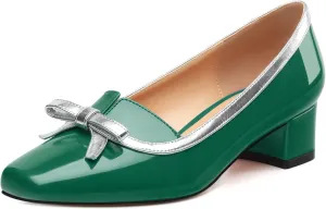 Women's Bow Low Chunky Block HeelsPatent Leather Square Toe Slip on Pumps Evening Wedding Party Office Dress Casual Shoes