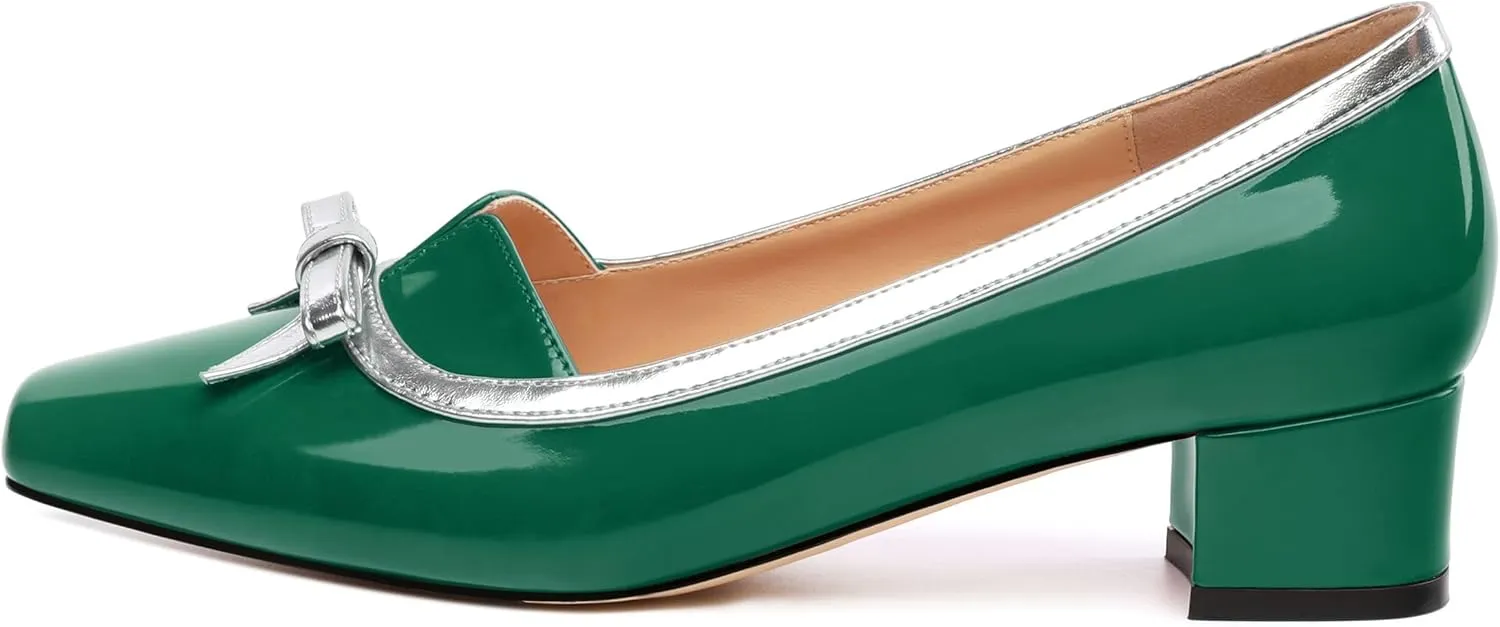 Women's Bow Low Chunky Block HeelsPatent Leather Square Toe Slip on Pumps Evening Wedding Party Office Dress Casual Shoes