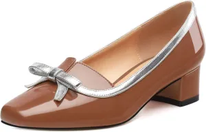 Women's Bow Low Chunky Block HeelsPatent Leather Square Toe Slip on Pumps Evening Wedding Party Office Dress Casual Shoes