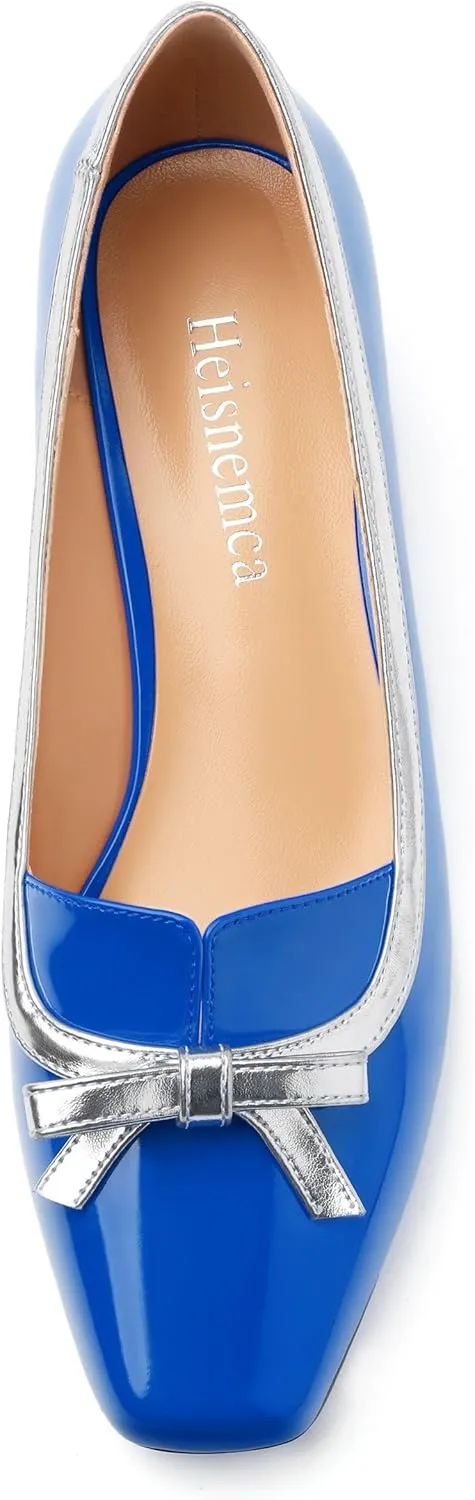 Women's Bow Low Chunky Block Heels，Patent Leather Square Toe Slip on Pumps， Evening Wedding Party Office Dress Casual Shoes
