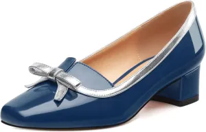 Women's Bow Low Chunky Block HeelsPatent Leather Square Toe Slip on Pumps Evening Wedding Party Office Dress Casual Shoes