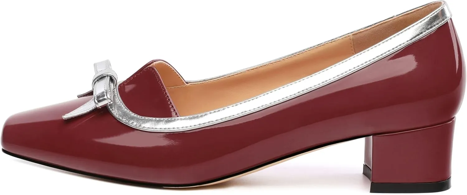Women's Bow Low Chunky Block HeelsPatent Leather Square Toe Slip on Pumps Evening Wedding Party Office Dress Casual Shoes