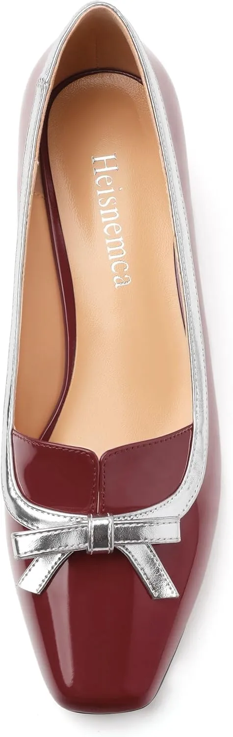 Women's Bow Low Chunky Block Heels，Patent Leather Square Toe Slip on Pumps， Evening Wedding Party Office Dress Casual Shoes