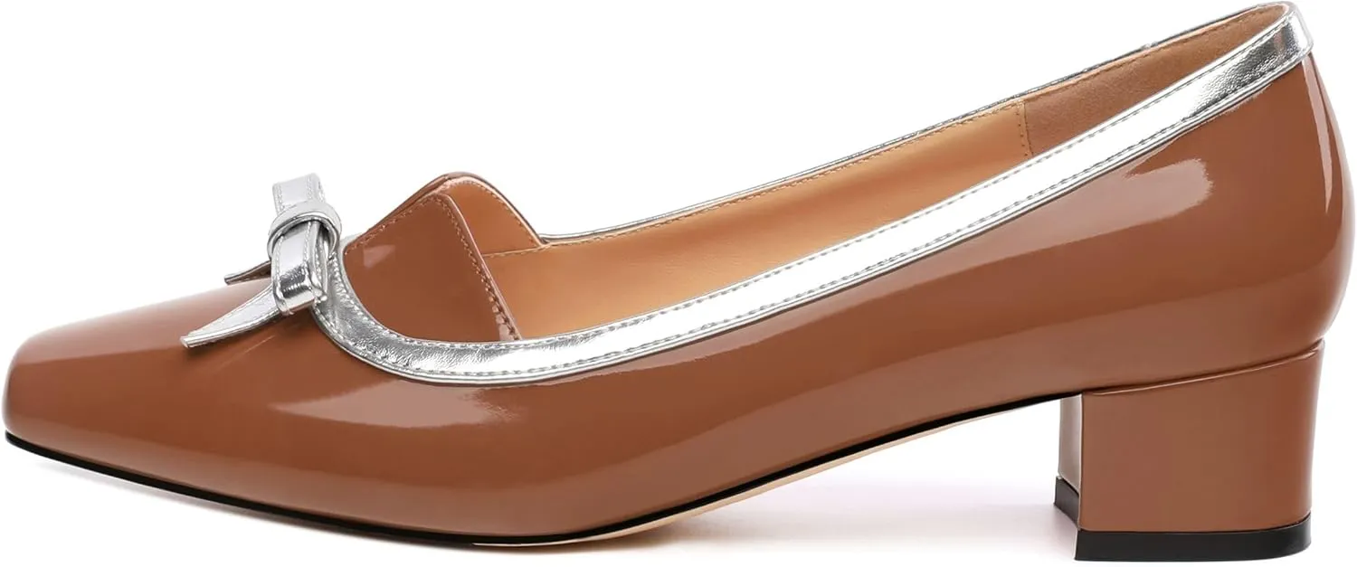 Women's Bow Low Chunky Block HeelsPatent Leather Square Toe Slip on Pumps Evening Wedding Party Office Dress Casual Shoes