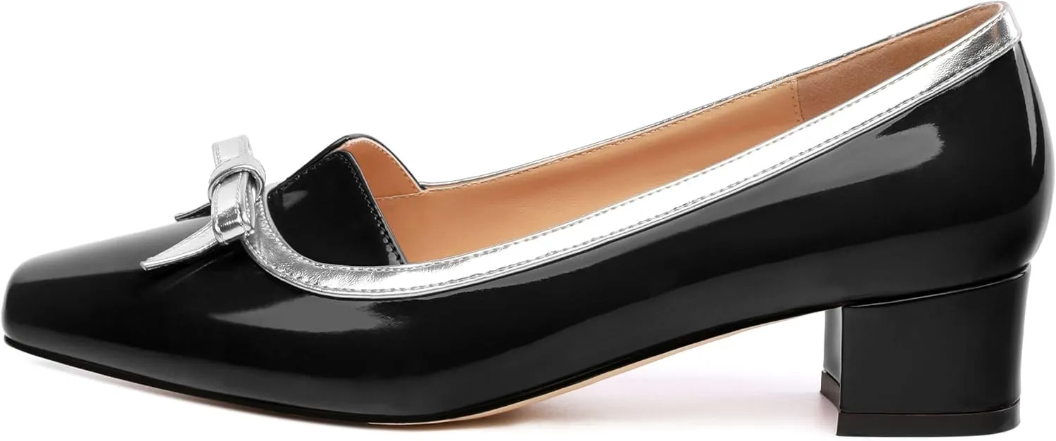 Women's Bow Low Chunky Block HeelsPatent Leather Square Toe Slip on Pumps Evening Wedding Party Office Dress Casual Shoes