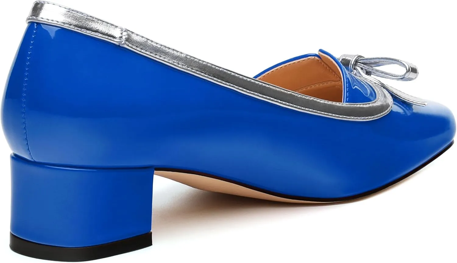 Women's Bow Low Chunky Block Heels，Patent Leather Square Toe Slip on Pumps， Evening Wedding Party Office Dress Casual Shoes