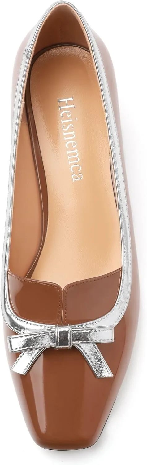 Women's Bow Low Chunky Block HeelsPatent Leather Square Toe Slip on Pumps Evening Wedding Party Office Dress Casual Shoes