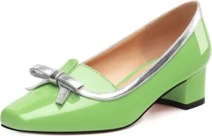 Women's Bow Low Chunky Block HeelsPatent Leather Square Toe Slip on Pumps Evening Wedding Party Office Dress Casual Shoes
