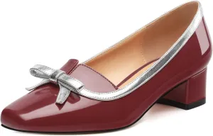 Women's Bow Low Chunky Block HeelsPatent Leather Square Toe Slip on Pumps Evening Wedding Party Office Dress Casual Shoes