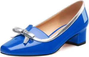 Women's Bow Low Chunky Block Heels，Patent Leather Square Toe Slip on Pumps， Evening Wedding Party Office Dress Casual Shoes