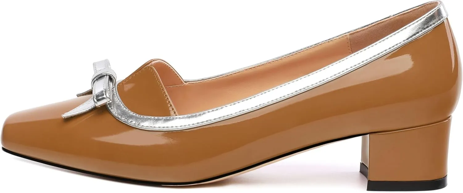 Women's Bow Low Chunky Block HeelsPatent Leather Square Toe Slip on Pumps Evening Wedding Party Office Dress Casual Shoes