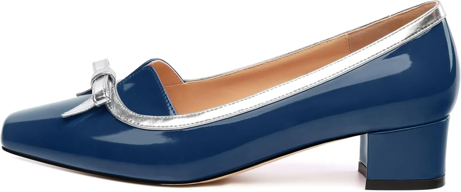 Women's Bow Low Chunky Block HeelsPatent Leather Square Toe Slip on Pumps Evening Wedding Party Office Dress Casual Shoes